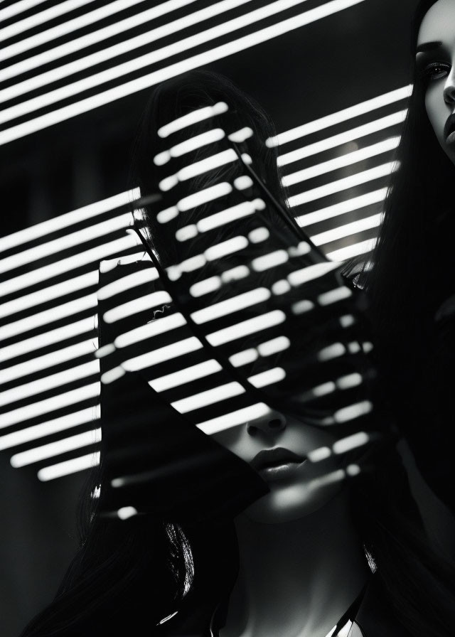 Monochrome artistic portrait of woman with striped shadow pattern