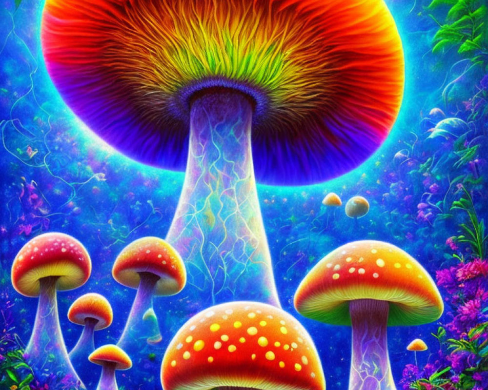 Colorful Psychedelic Mushroom Illustration with Central Oversized Fungi