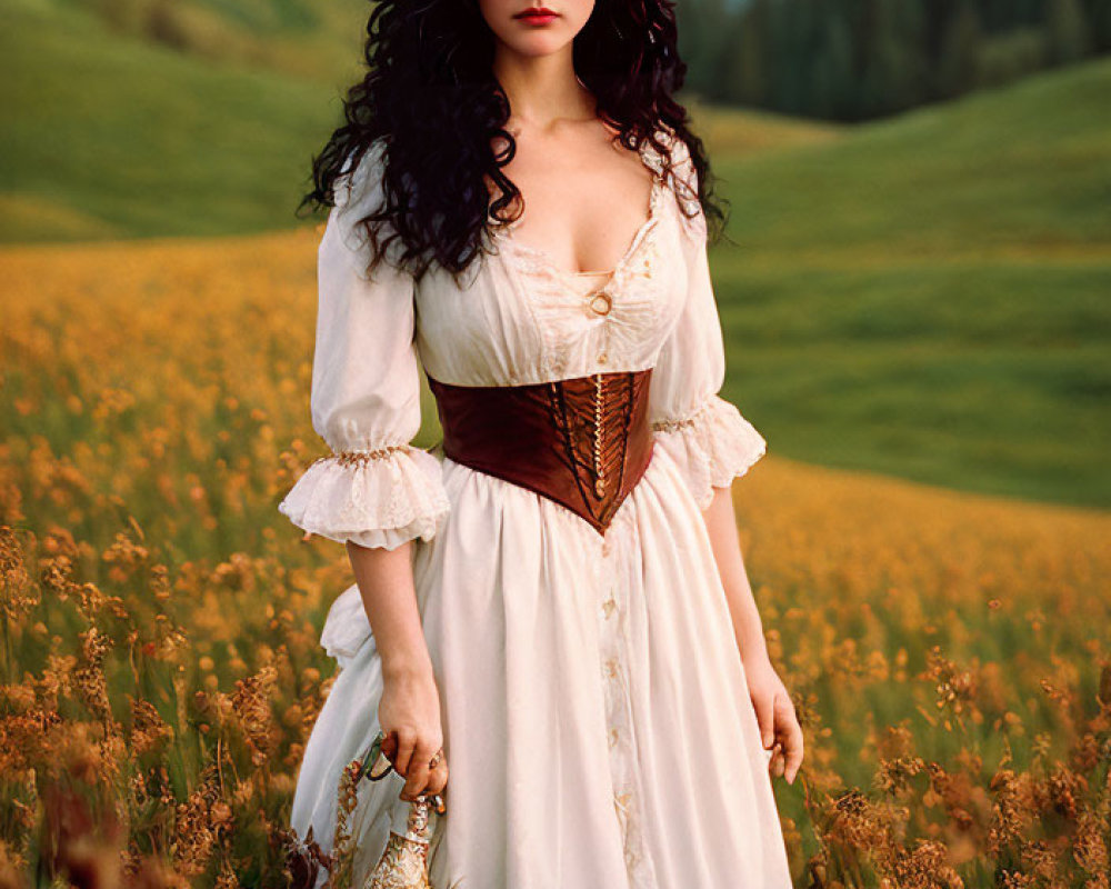 Historical woman in white dress with lantern in meadow scenery