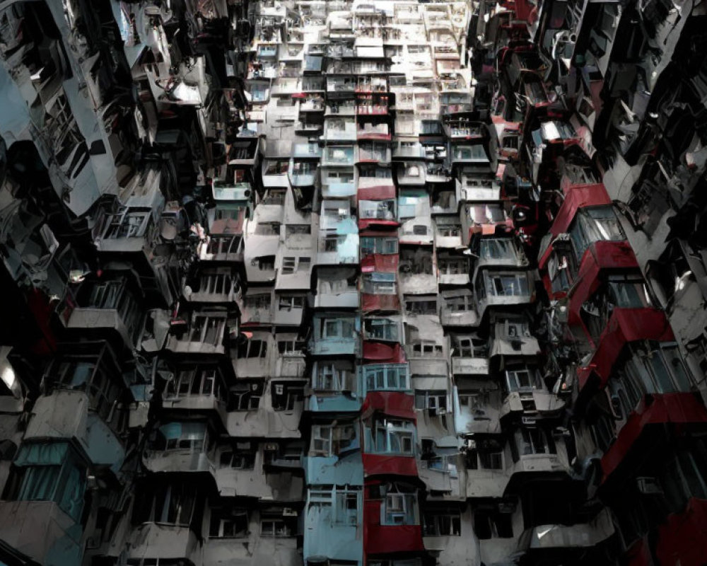 Tall grey and red residential buildings with multiple windows and air-conditioning units