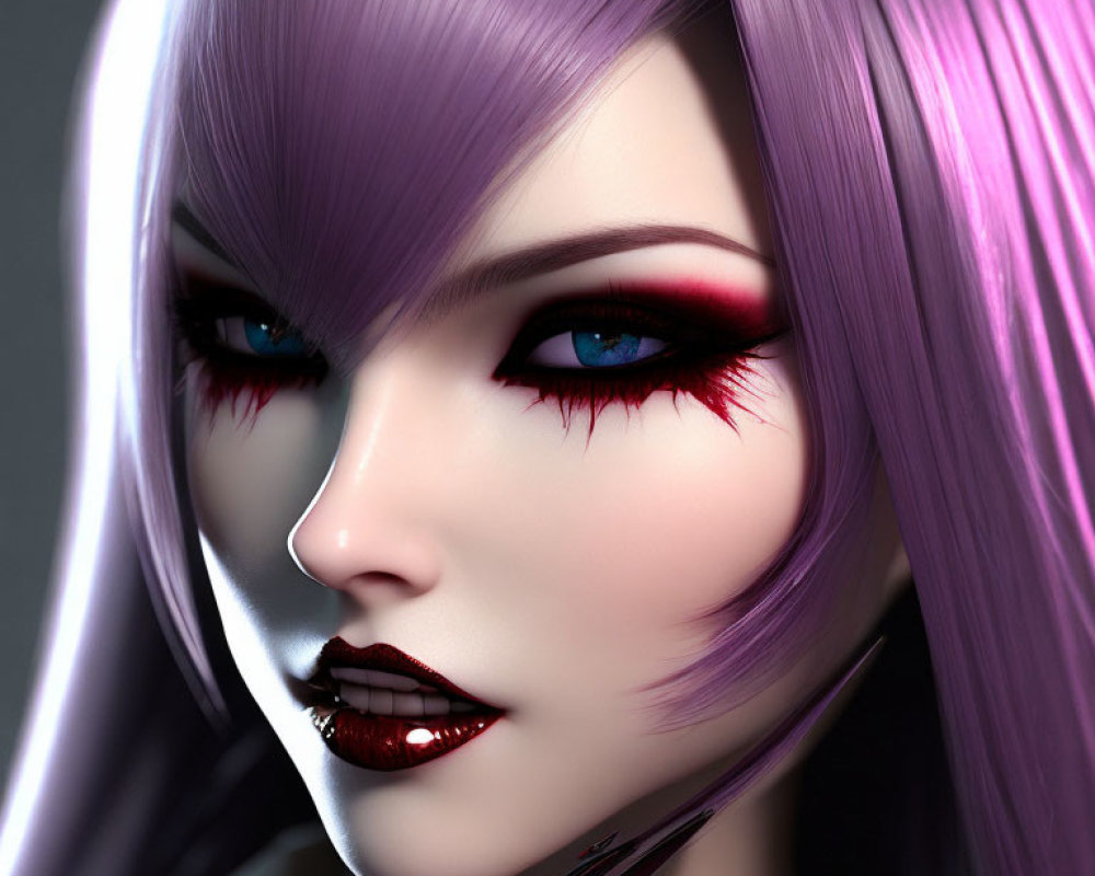 Digital Art: Woman with Purple Hair and Gothic Aesthetic