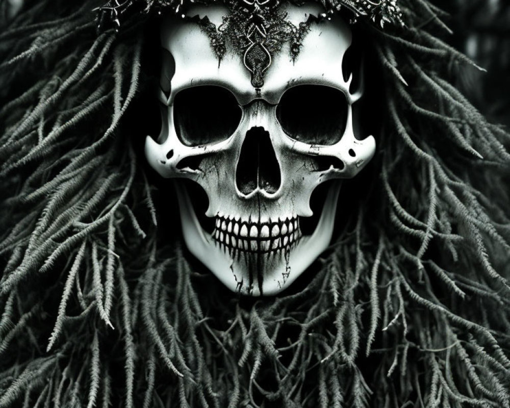 Skull mask with metalwork and twig crown on dark fiber background