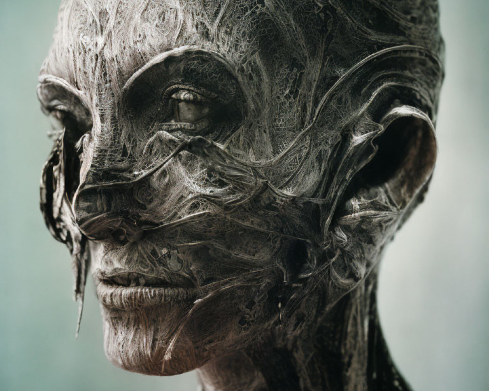 Detailed humanoid sculpture with vein-like patterns: textured and intricate.