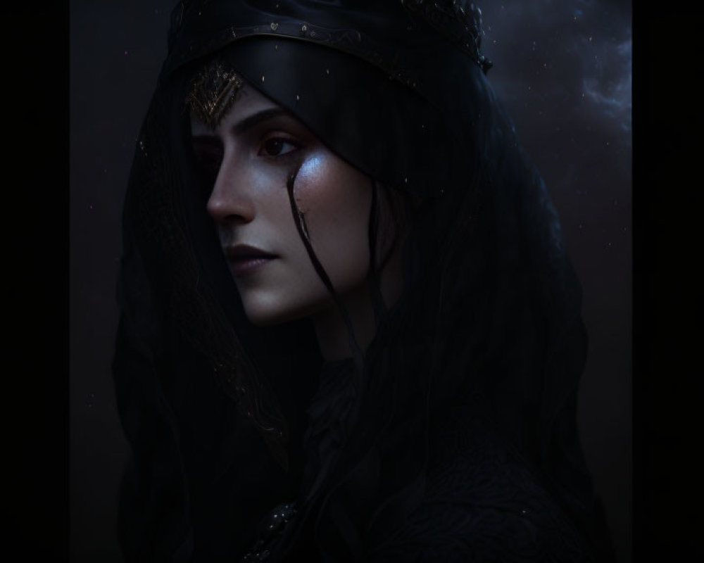 Portrait of person with dark veil and ornate headpiece against cosmic background