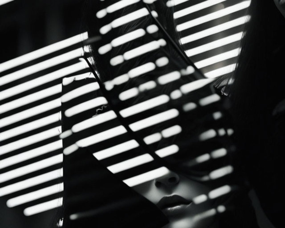 Monochrome artistic portrait of woman with striped shadow pattern