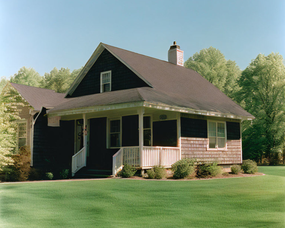 Red Brick House with Gabled Roof and Chimney in Green Landscape