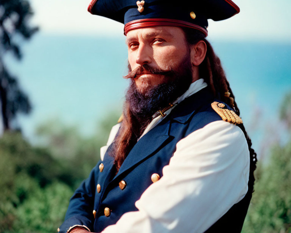 Vintage naval uniform man with beard and mustache outdoors