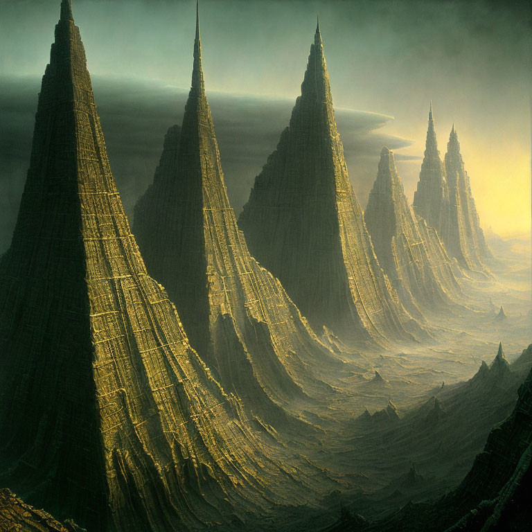 Misty landscape with tall, rugged spires and alternating light and dark hues