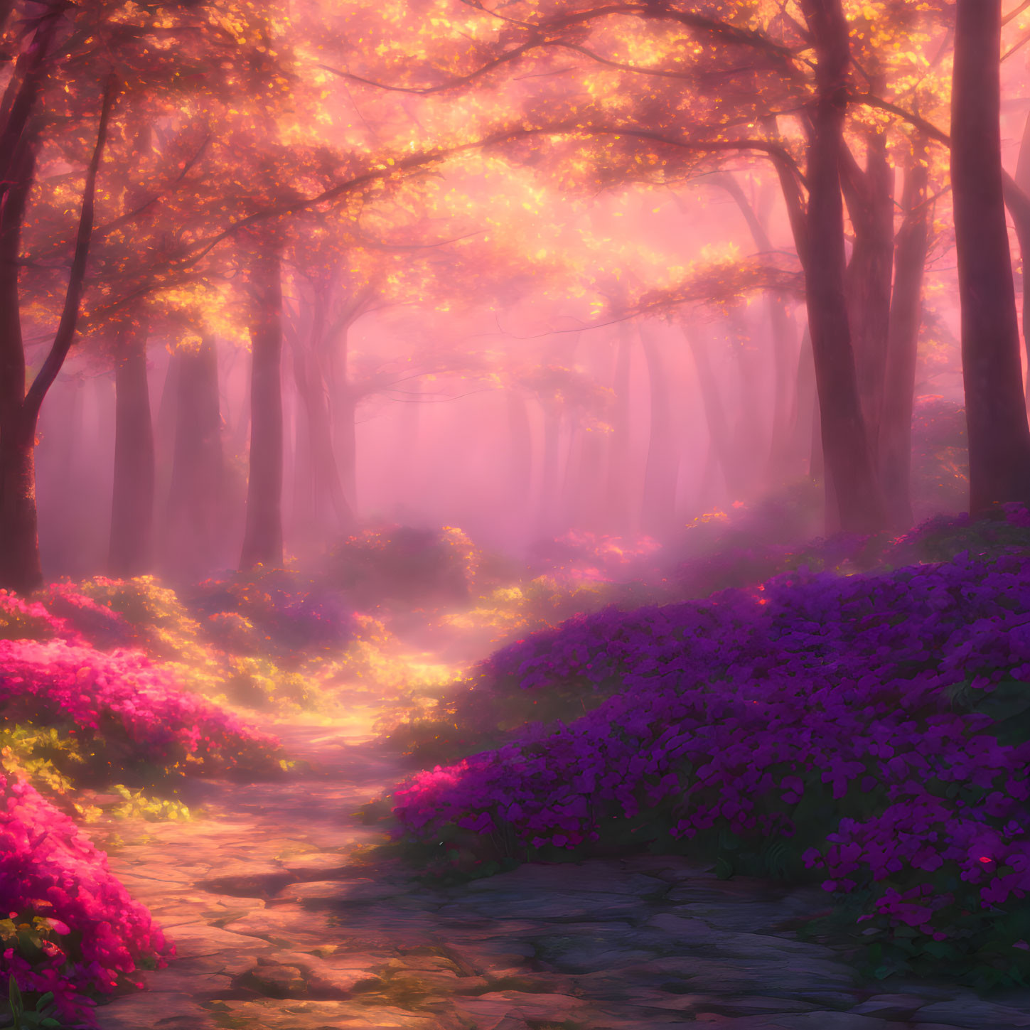 Tranquil Path Through Vibrant Forest with Pink and Purple Flowers