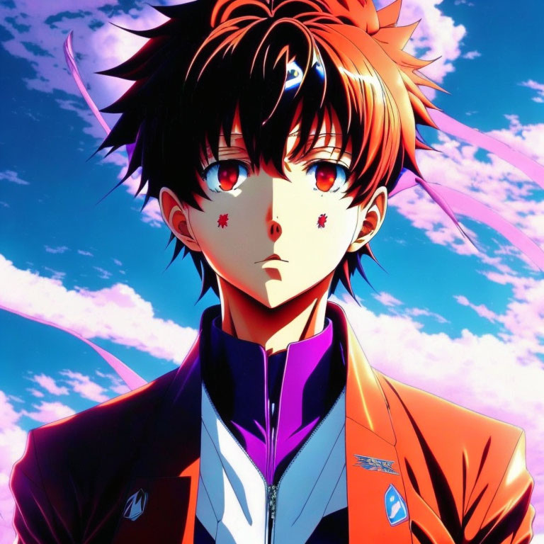 Anime character with spikey brown hair and red eyes against blue sky