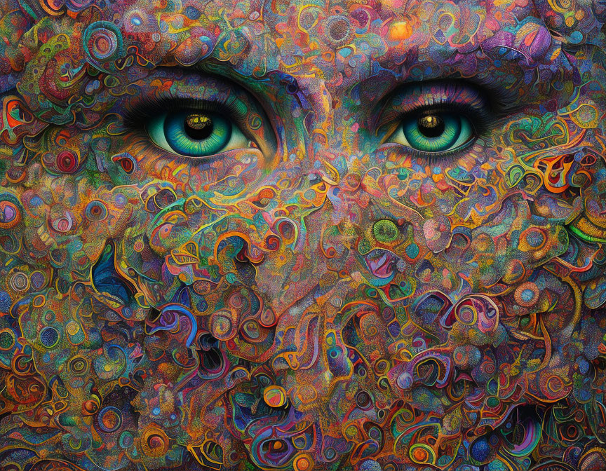 Colorful psychedelic artwork with bright green eyes in swirling patterns