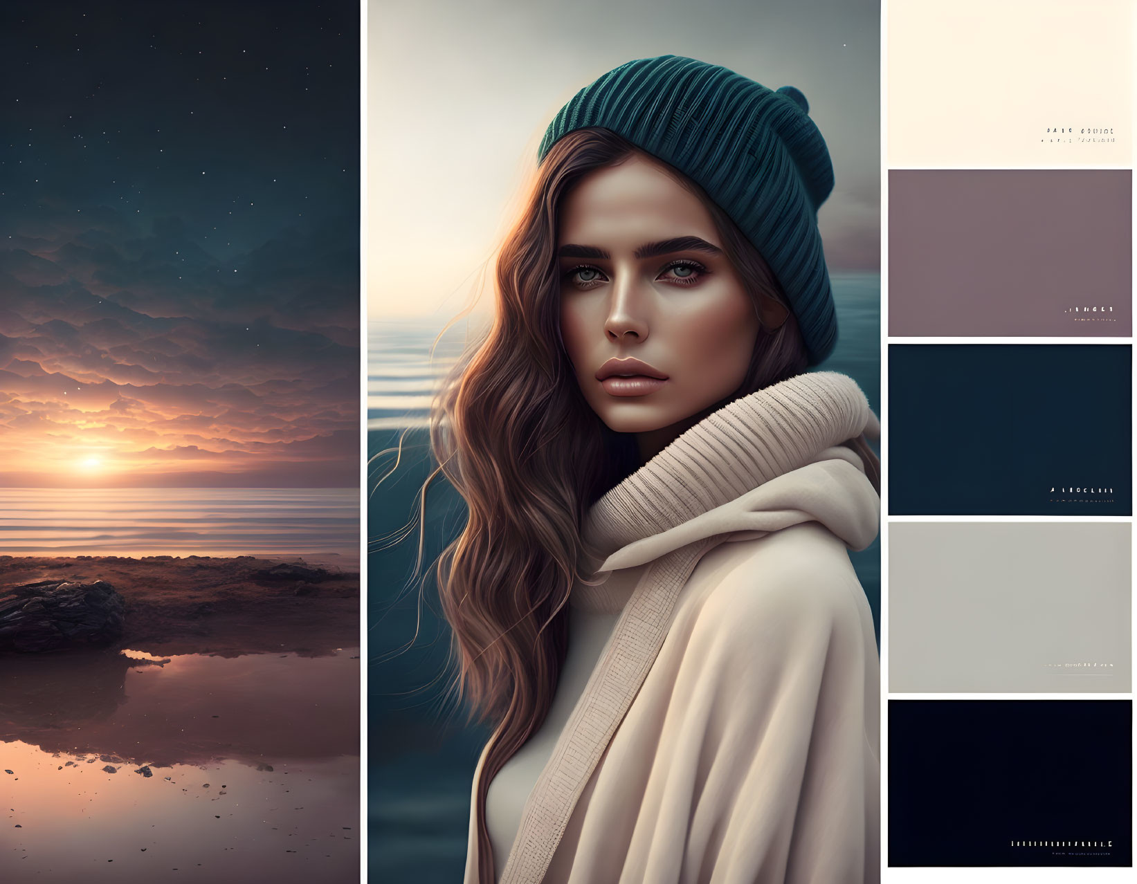 Digital Artwork: Woman in Beanie, Sunset Seascape, Complementary Colors