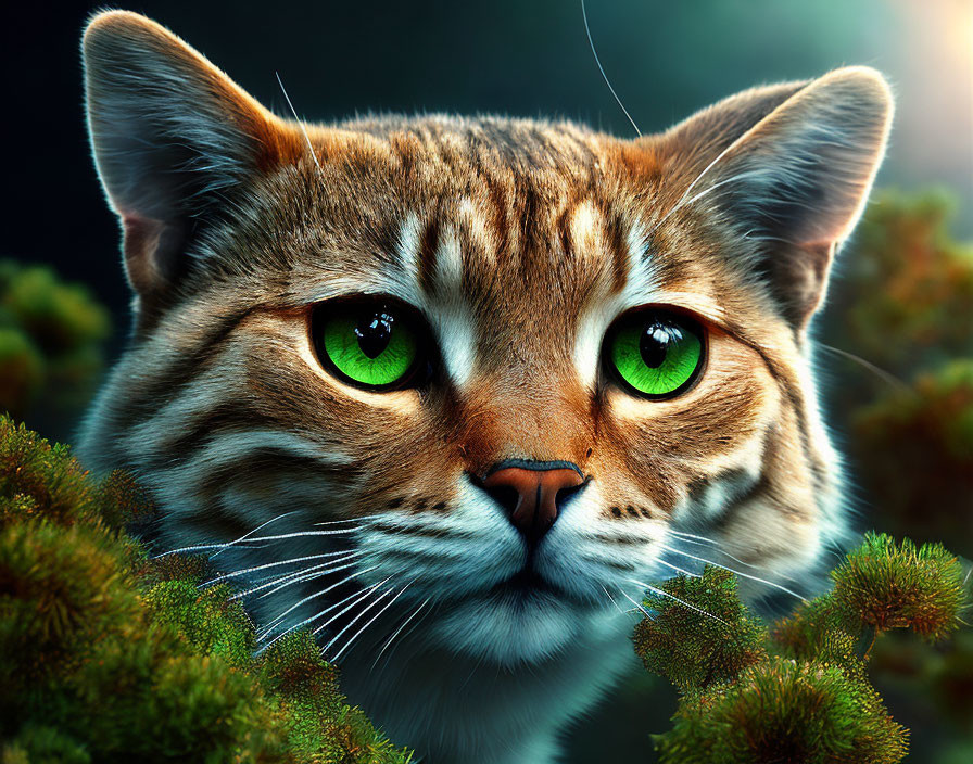 Detailed photorealistic cat illustration with striking green eyes and lush greenery.