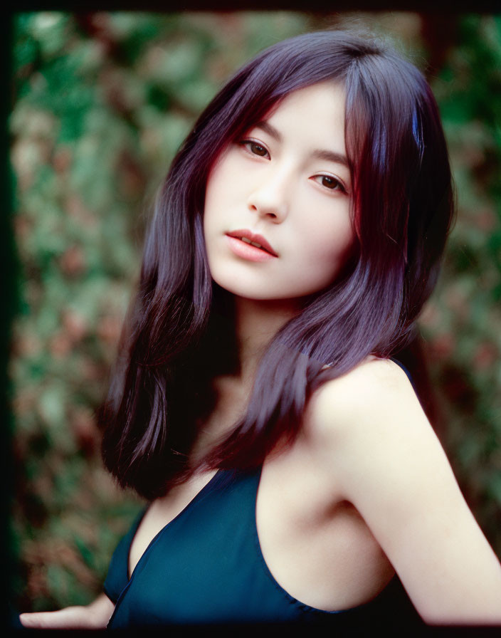 Dark-haired woman in navy blue top poses against greenery backdrop