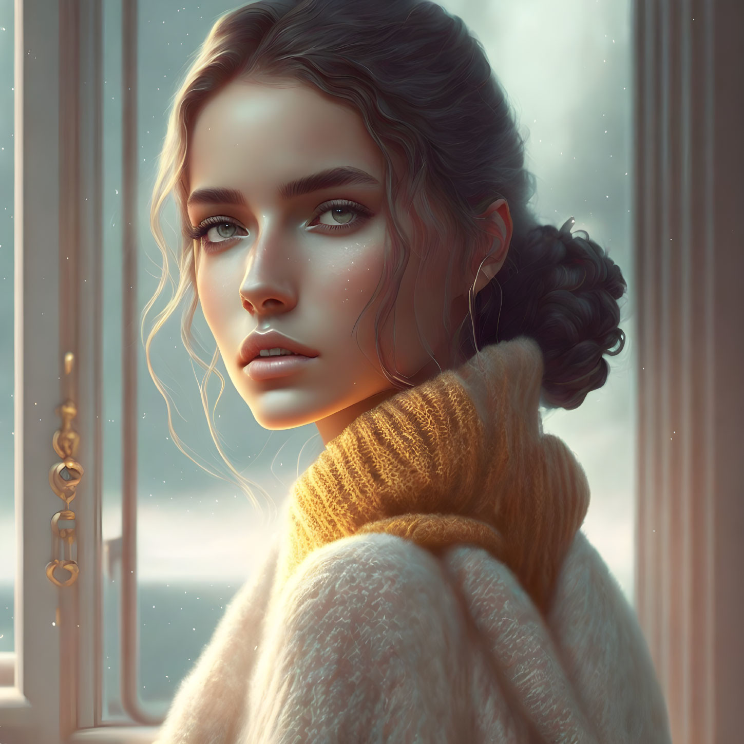 Young woman by window in cozy sweater with warm light