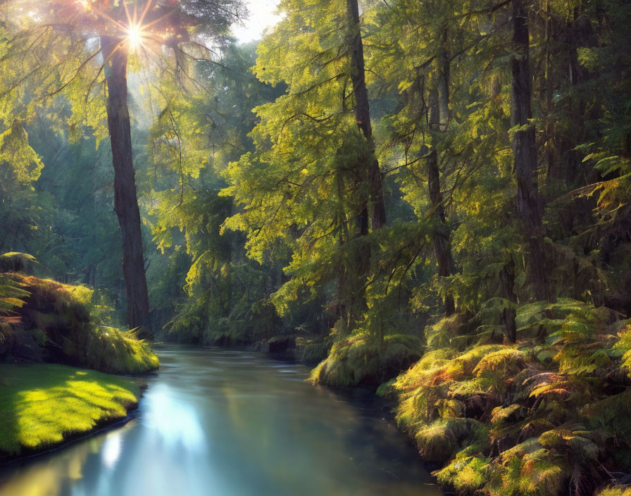 Lush forest with serene river and verdant trees illuminated by sunbeams