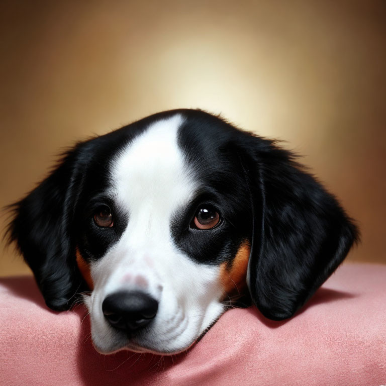 Black and White Dog with Floppy Ears Resting Head on Pink Surface