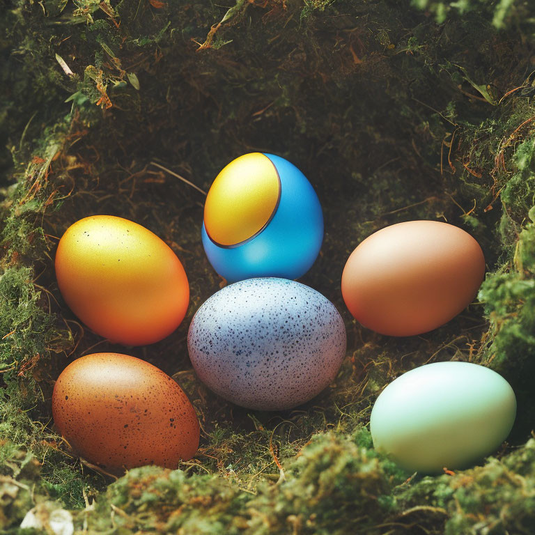 Vibrant Easter eggs on moss bed with diverse textures