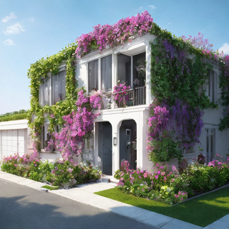 Charming two-story house with white walls, ivy, pink flowers, balcony, front yard,