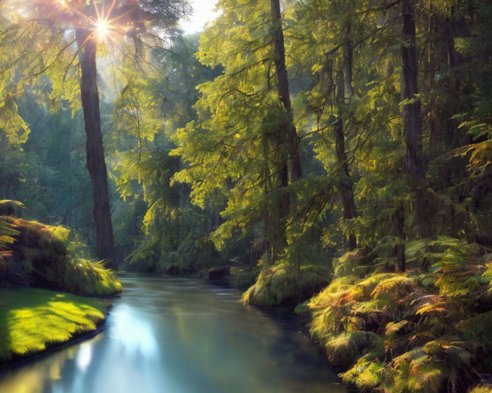 Lush forest with serene river and verdant trees illuminated by sunbeams