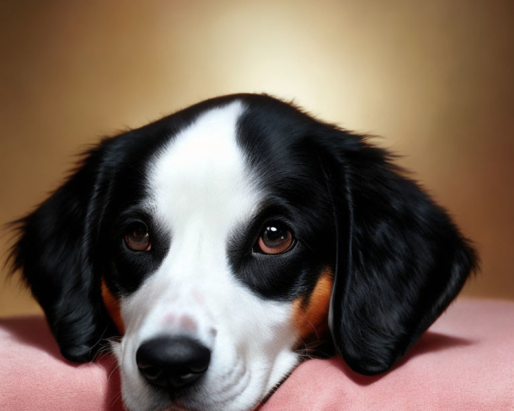 Black and White Dog with Floppy Ears Resting Head on Pink Surface