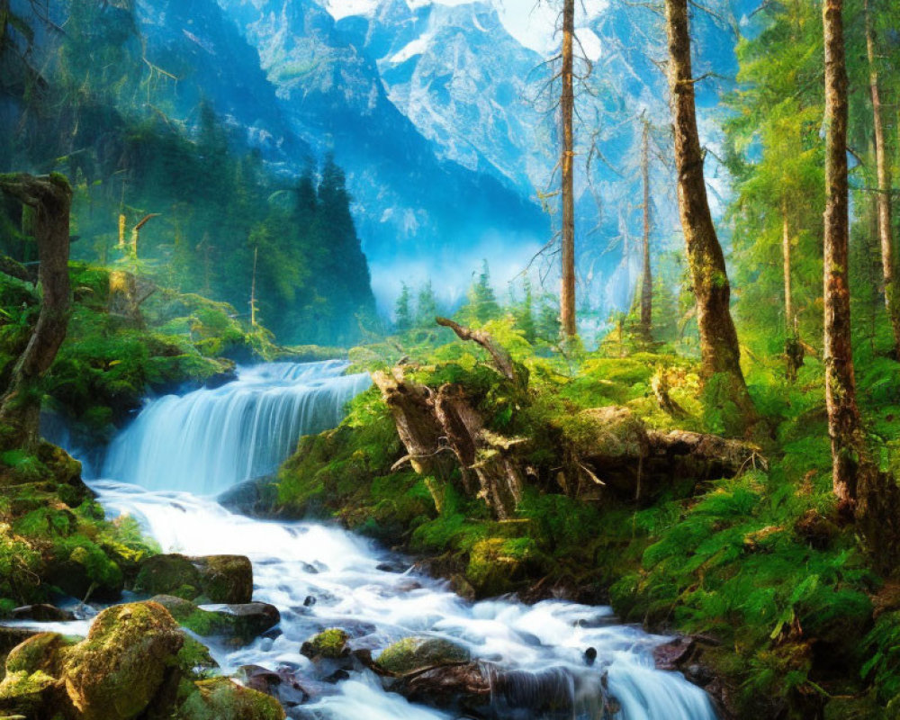 Verdant forest with waterfall, mountains, and mist scenery.