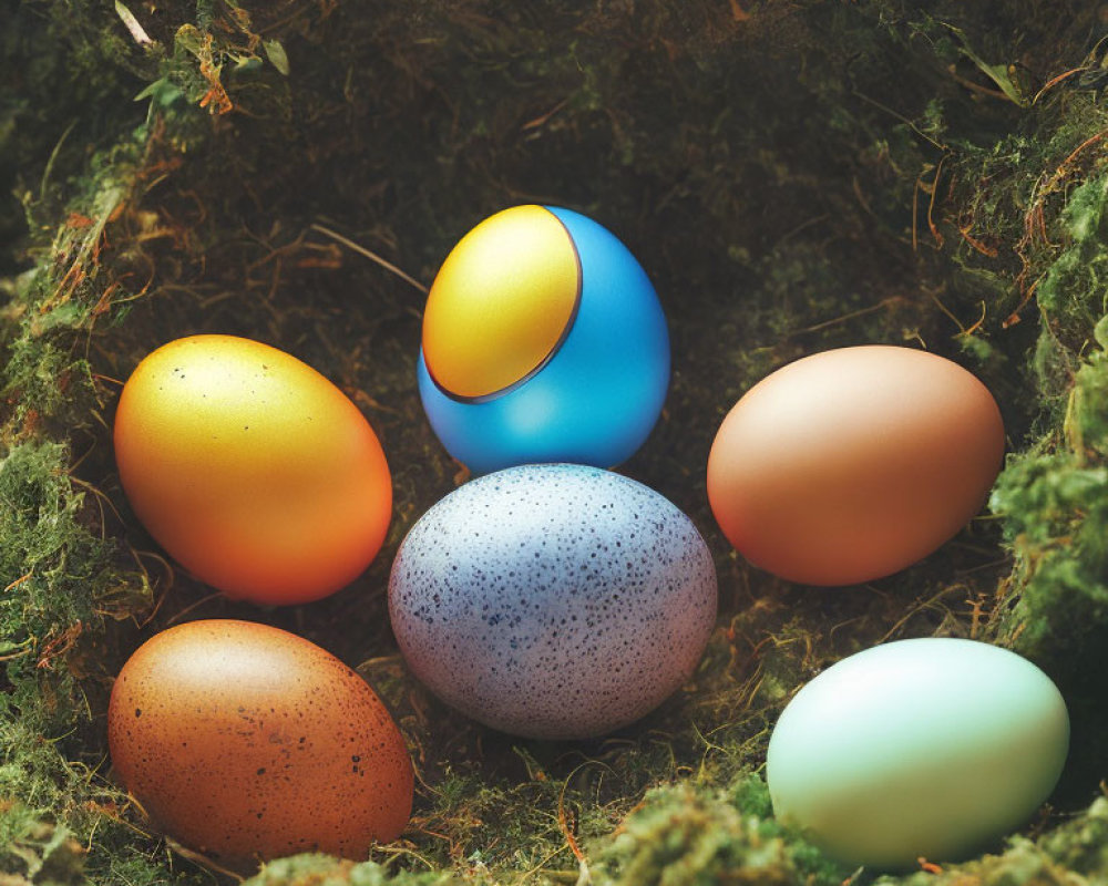 Vibrant Easter eggs on moss bed with diverse textures