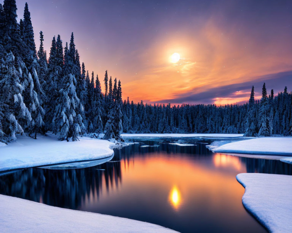 Snow-covered trees, calm river, full moon, starry sky: Serene winter scene at twilight