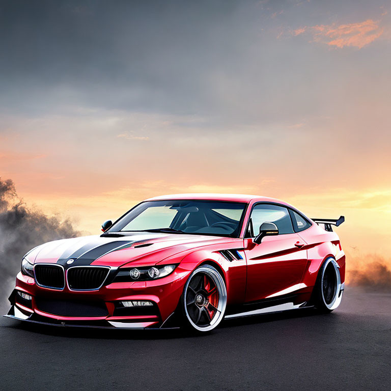 Custom Red and White Paint BMW with Aftermarket Rims and Rear Wing at Sunset