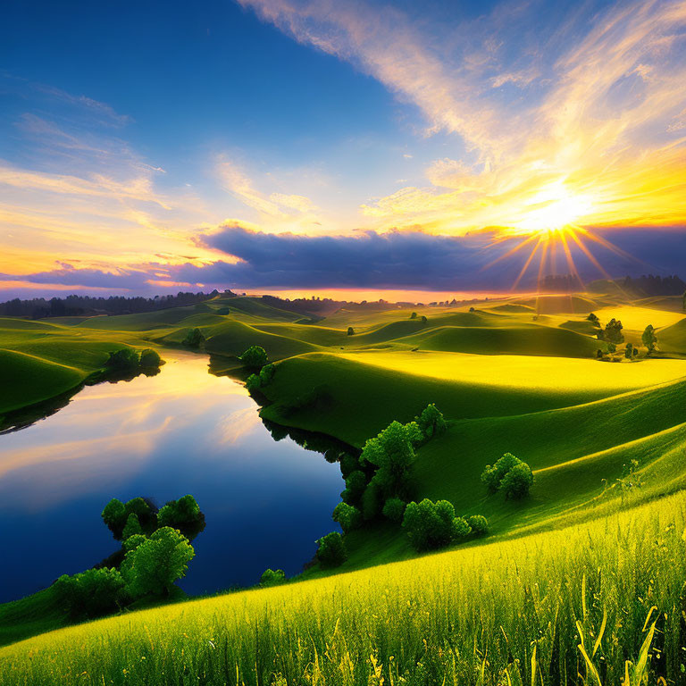 Scenic sunrise over green hills, river, and golden-lit trees