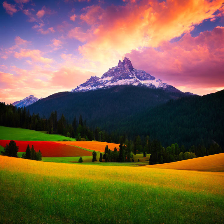 Vivid sunset over snow-capped mountain and pine forests