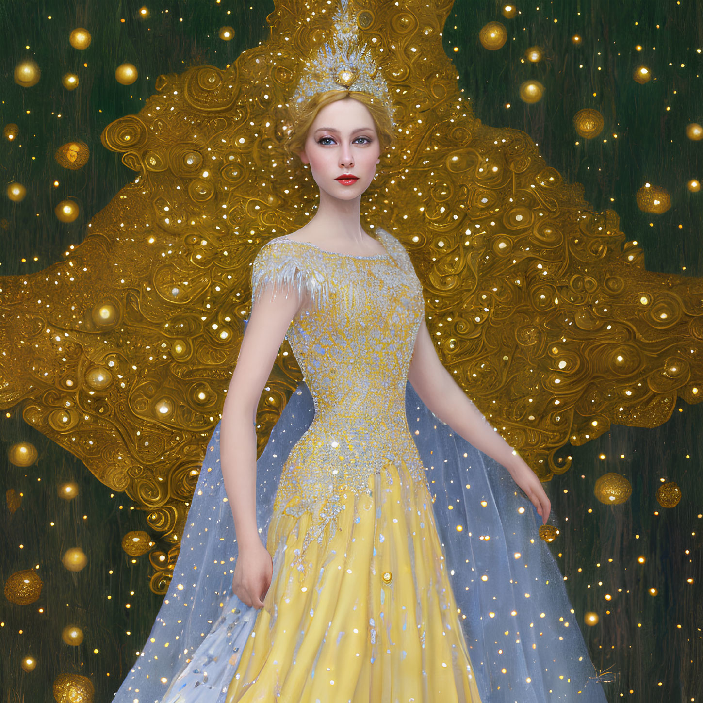 Regal woman in gold and blue gown with glowing orbs in mystical forest