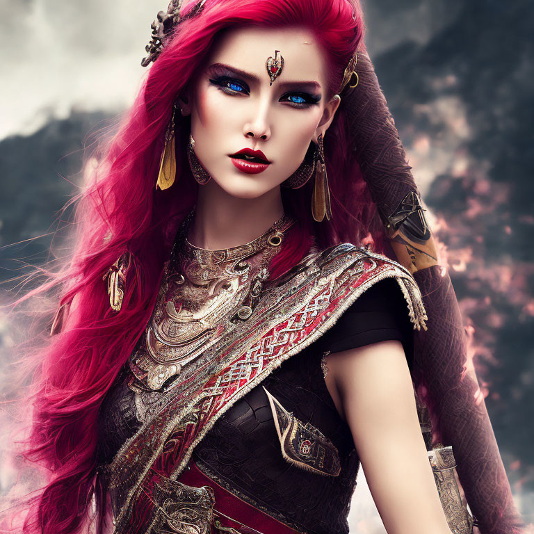 Vibrant red-haired woman in exotic makeup and gold jewelry with ornate armor against misty mountain