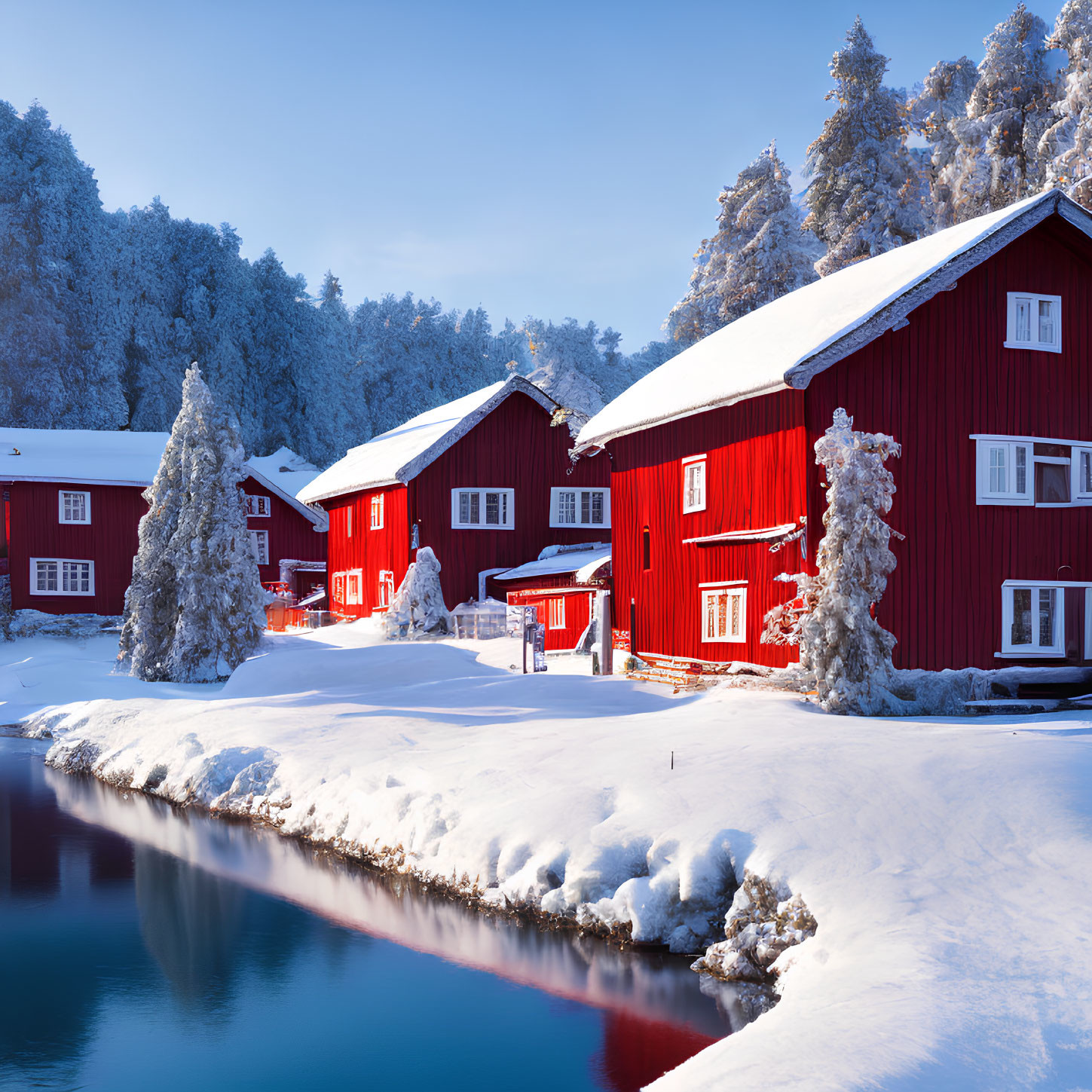 Tranquil River Scene: Red Wooden Houses, Snowy Trees, Blue Sky