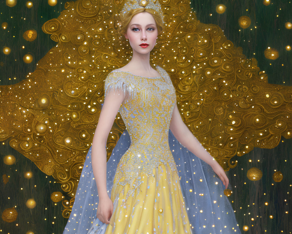 Regal woman in gold and blue gown with glowing orbs in mystical forest