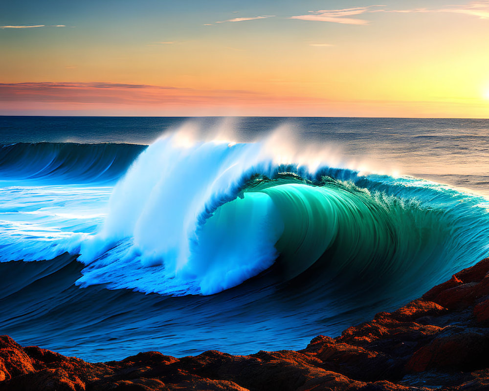 Sunset ocean wave against orange sky and rocky shoreline