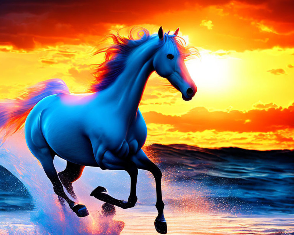 Majestic blue horse running on shoreline at sunset