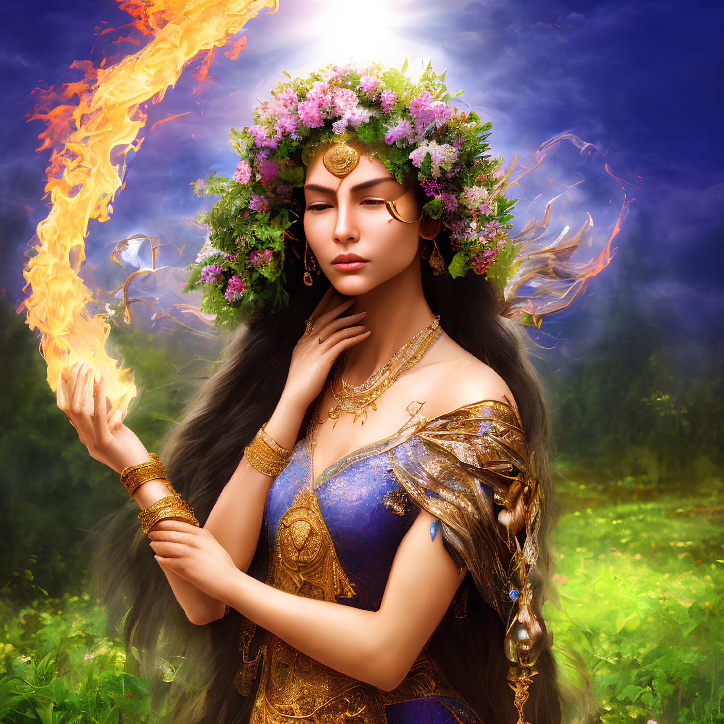 Mystical woman with floral crown and fiery magic in sunlit landscape