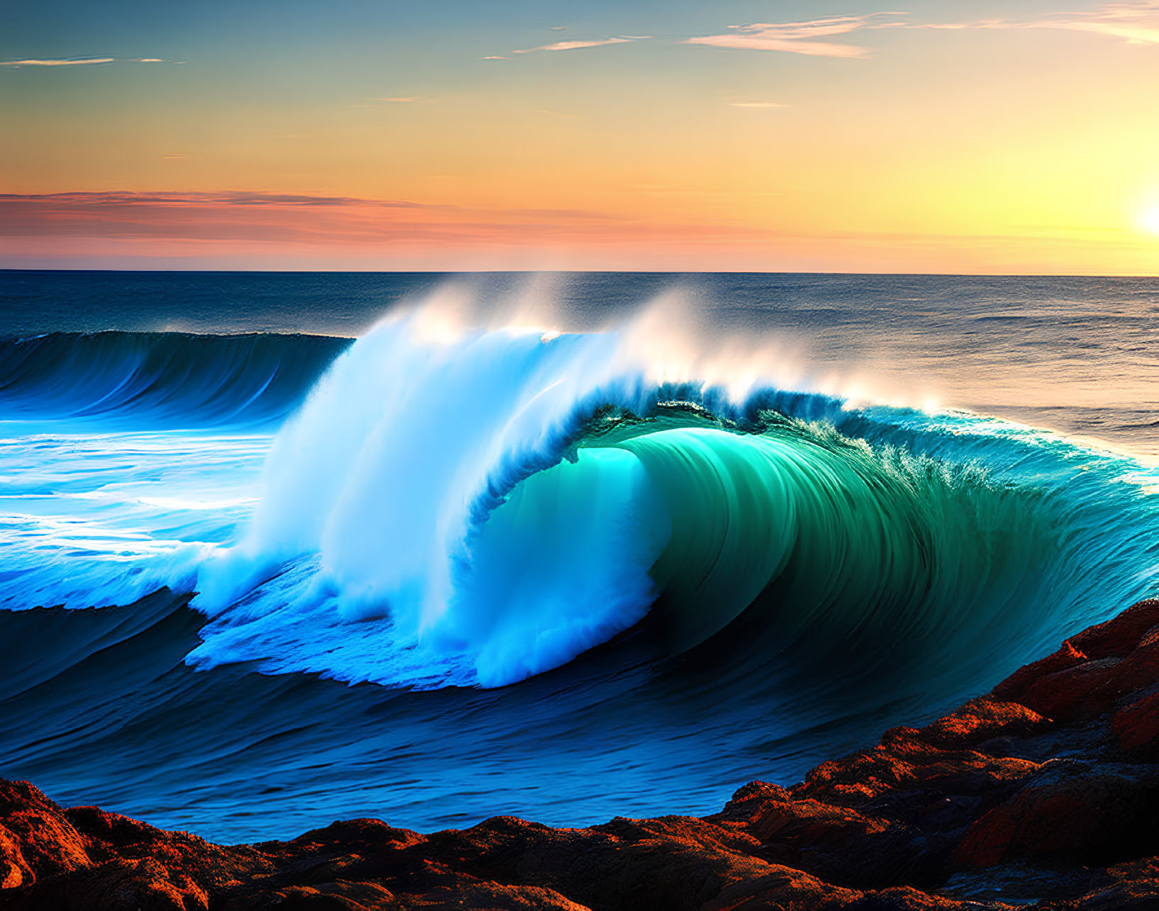 Sunset ocean wave against orange sky and rocky shoreline