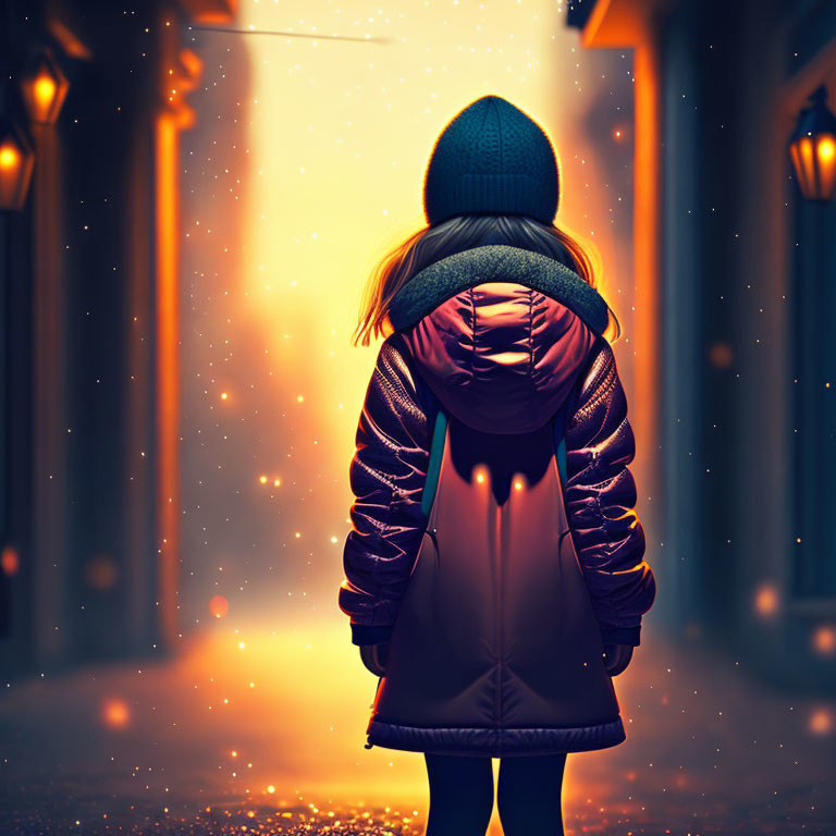 Girl in Winter Coat and Beanie in Dimly Lit Alley with Soft Glowing Lights