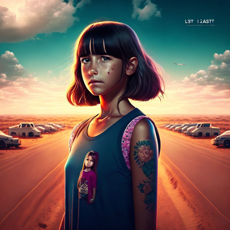 Digital artwork: Young girl with somber expression on road at sunset with abandoned cars, child versions on