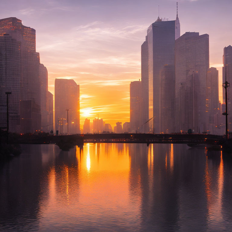 Tranquil sunset with golden hues on water and city skyline.