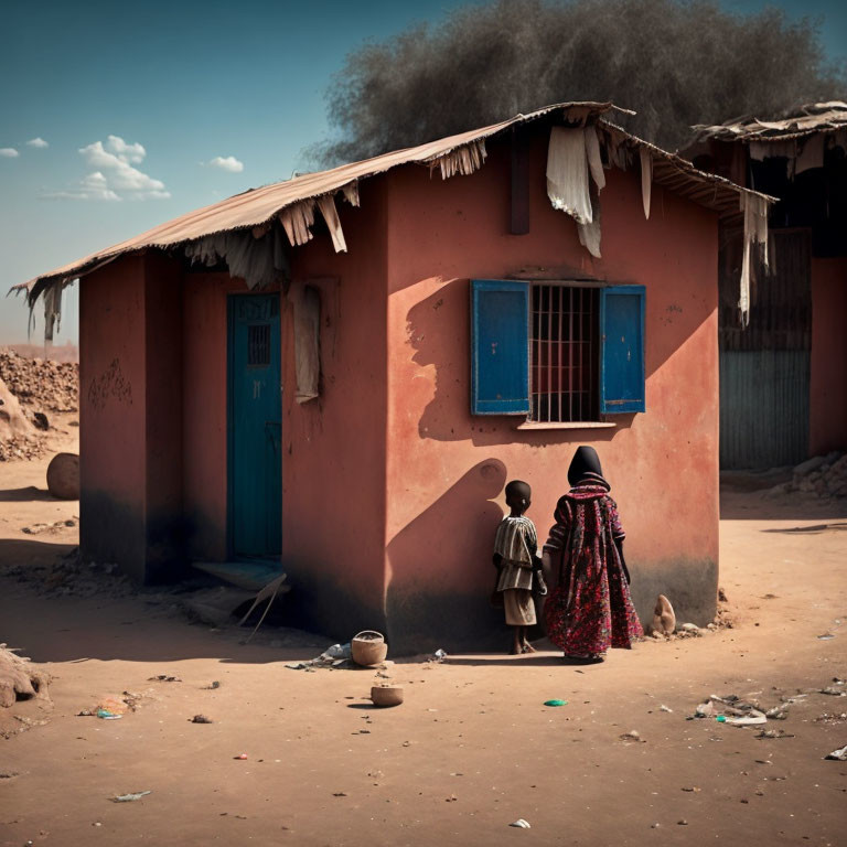 Woman and Child in Front of Pink House in Desert Landscape