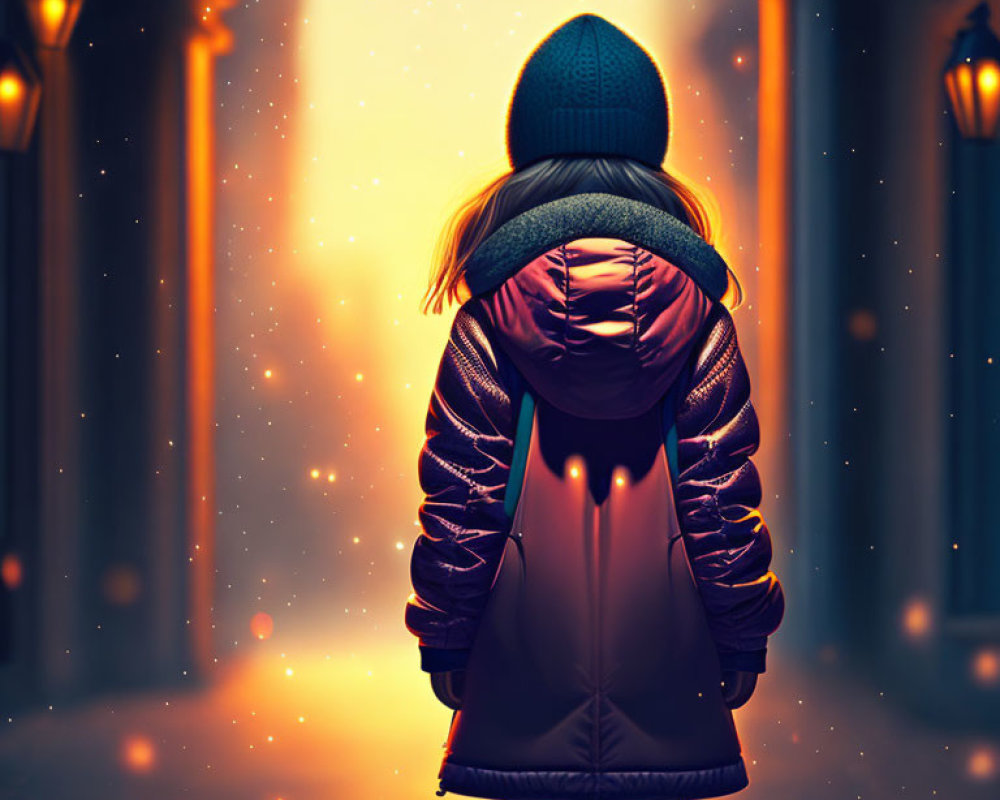 Girl in Winter Coat and Beanie in Dimly Lit Alley with Soft Glowing Lights