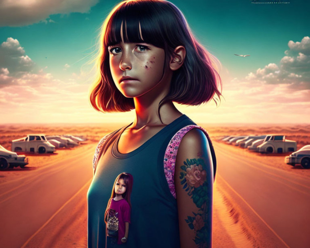 Digital artwork: Young girl with somber expression on road at sunset with abandoned cars, child versions on