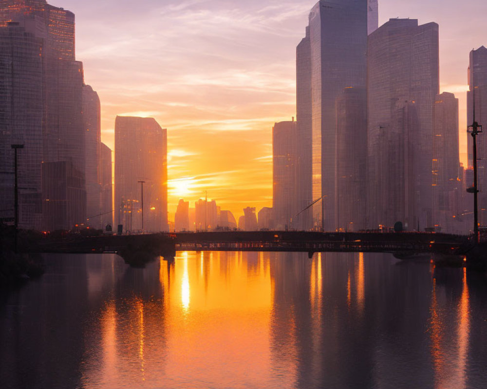 Tranquil sunset with golden hues on water and city skyline.