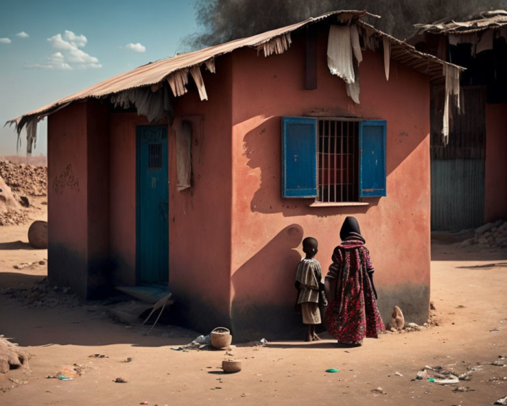 Woman and Child in Front of Pink House in Desert Landscape