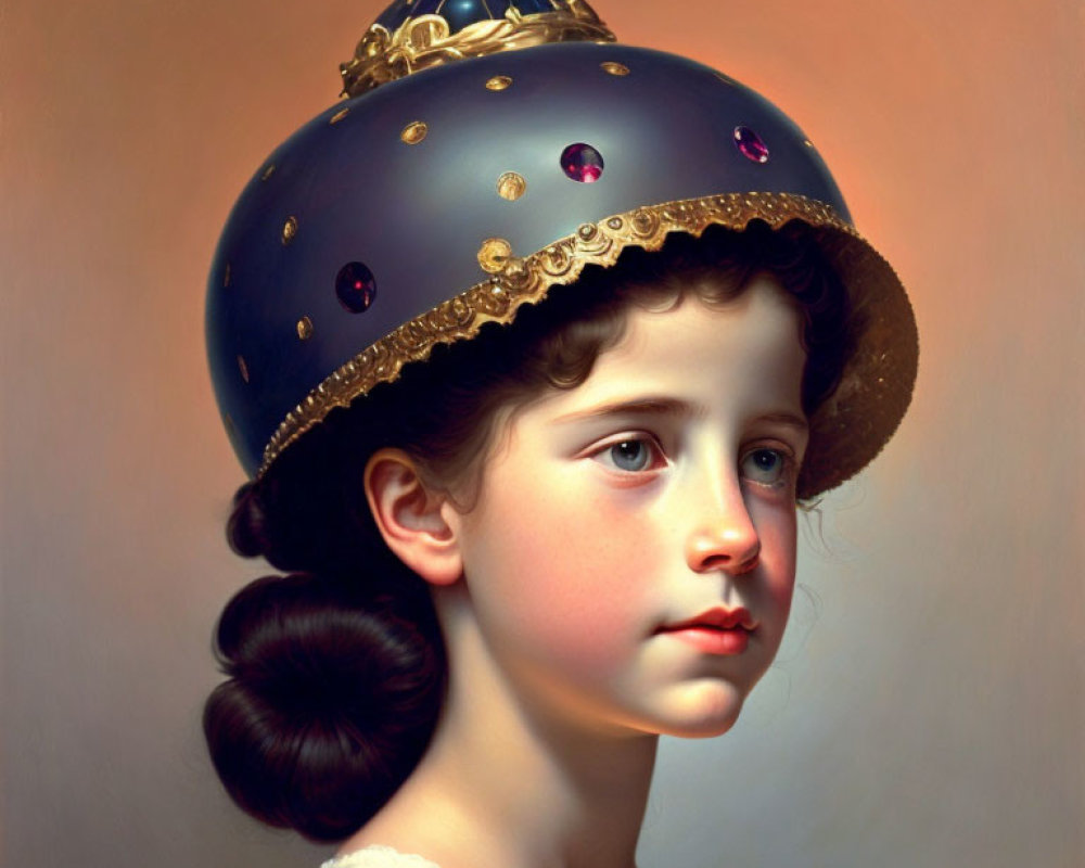 Young girl with side bun in ornate helmet against warm backdrop