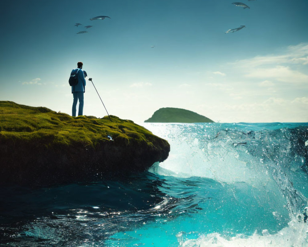 Person on Grass Cliff Overlooking Ocean Waves and Flying Birds