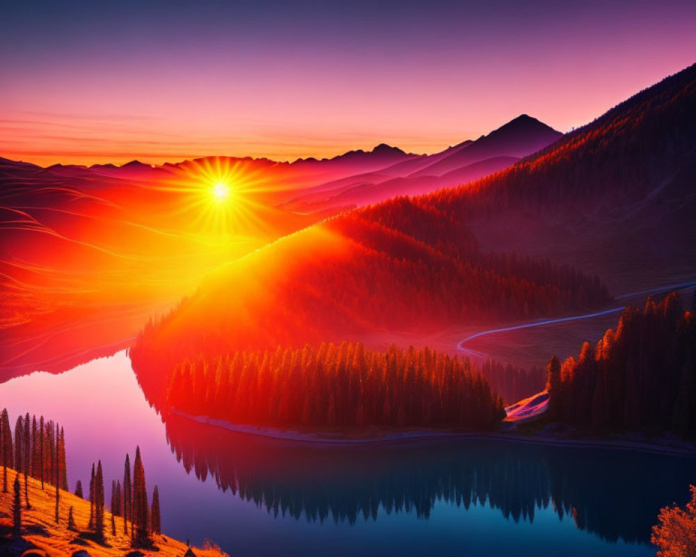 Scenic sunrise over mountainous landscape with river and pine trees